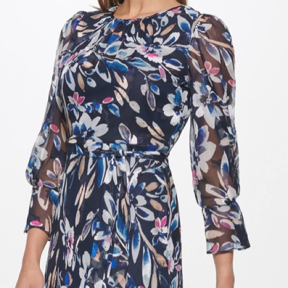 DKNY Floral Long Sheer Sleeve A Line Midi Modest Belted Dress 2 Navy - Picture 5 of 13